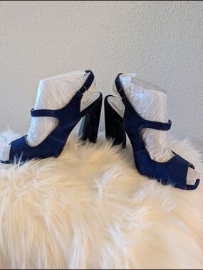 Women's Navy Suede Mary Jane Peep-Toe Heels